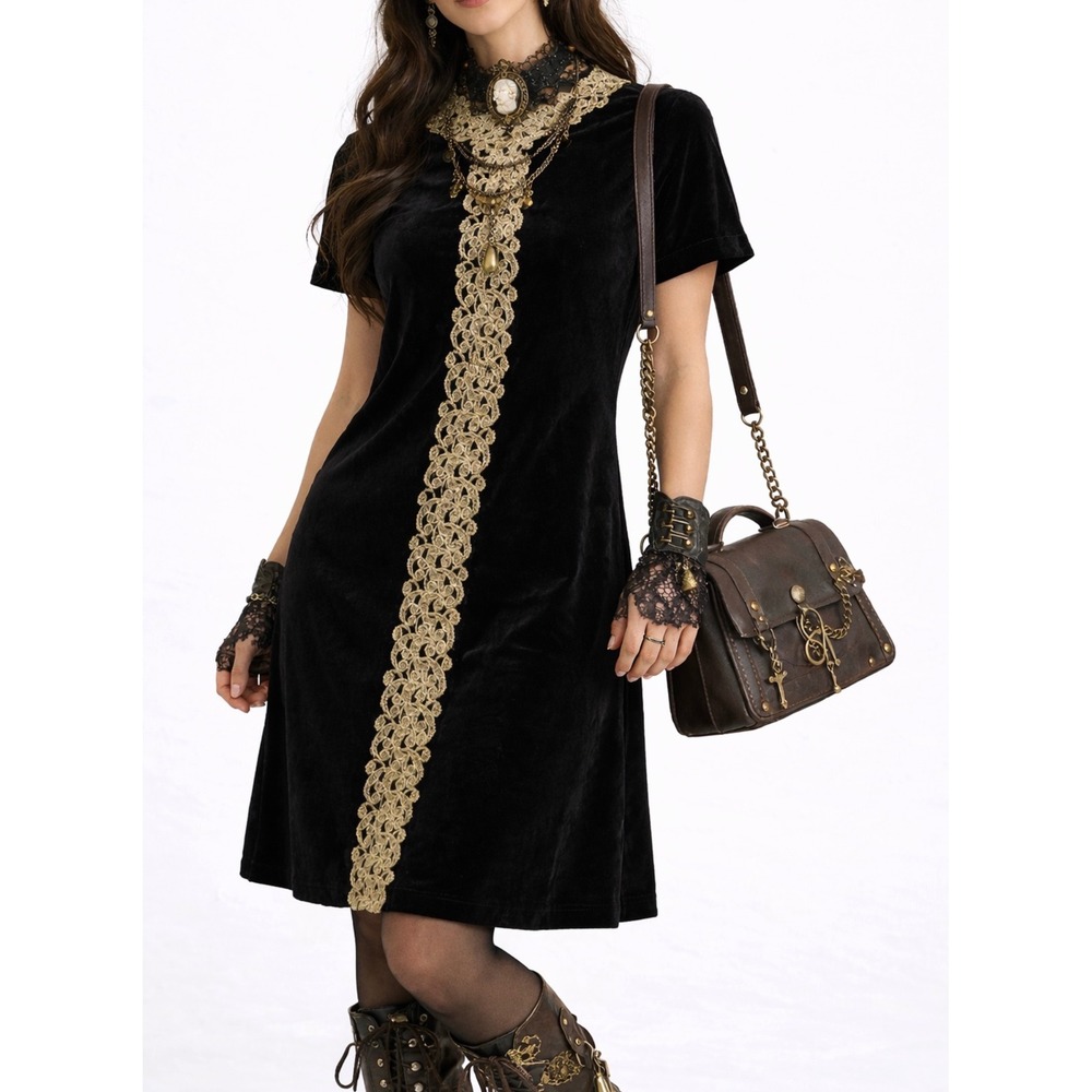 Handmade Black Velvet Gold Lace Dress Steampunk Victorian Whimsy Goth Regency 
M